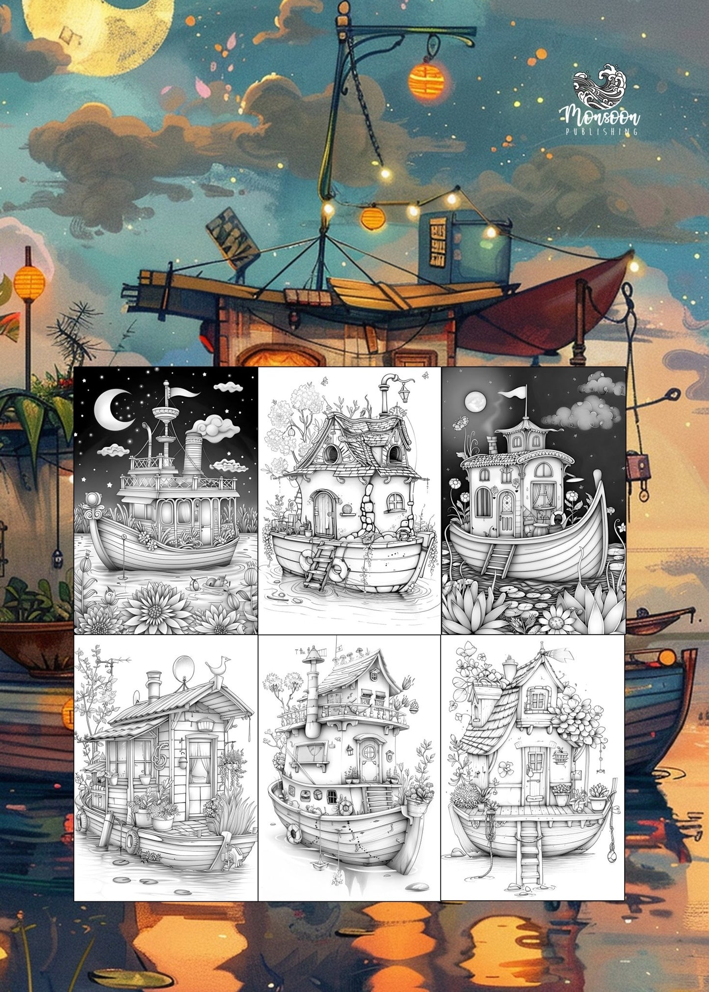 Feen Hausboote Malbuch Graustufen (Digital) - Monsoon Publishing