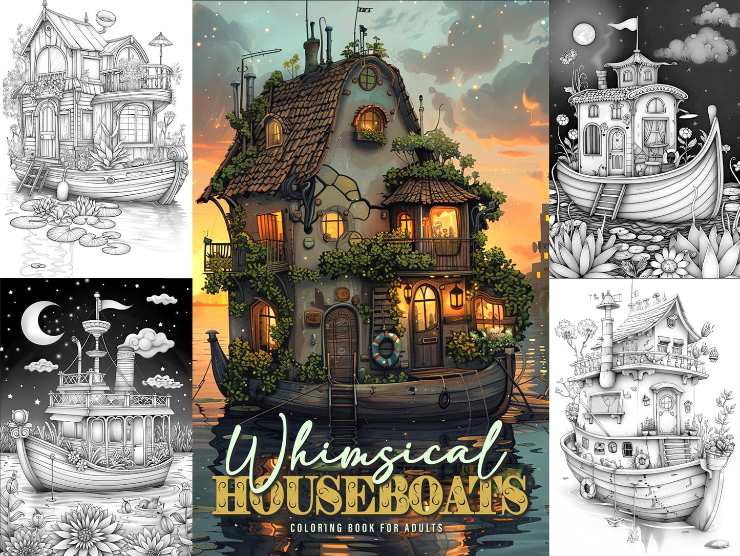 Feen Hausboote Malbuch Graustufen (Digital) - Monsoon Publishing
