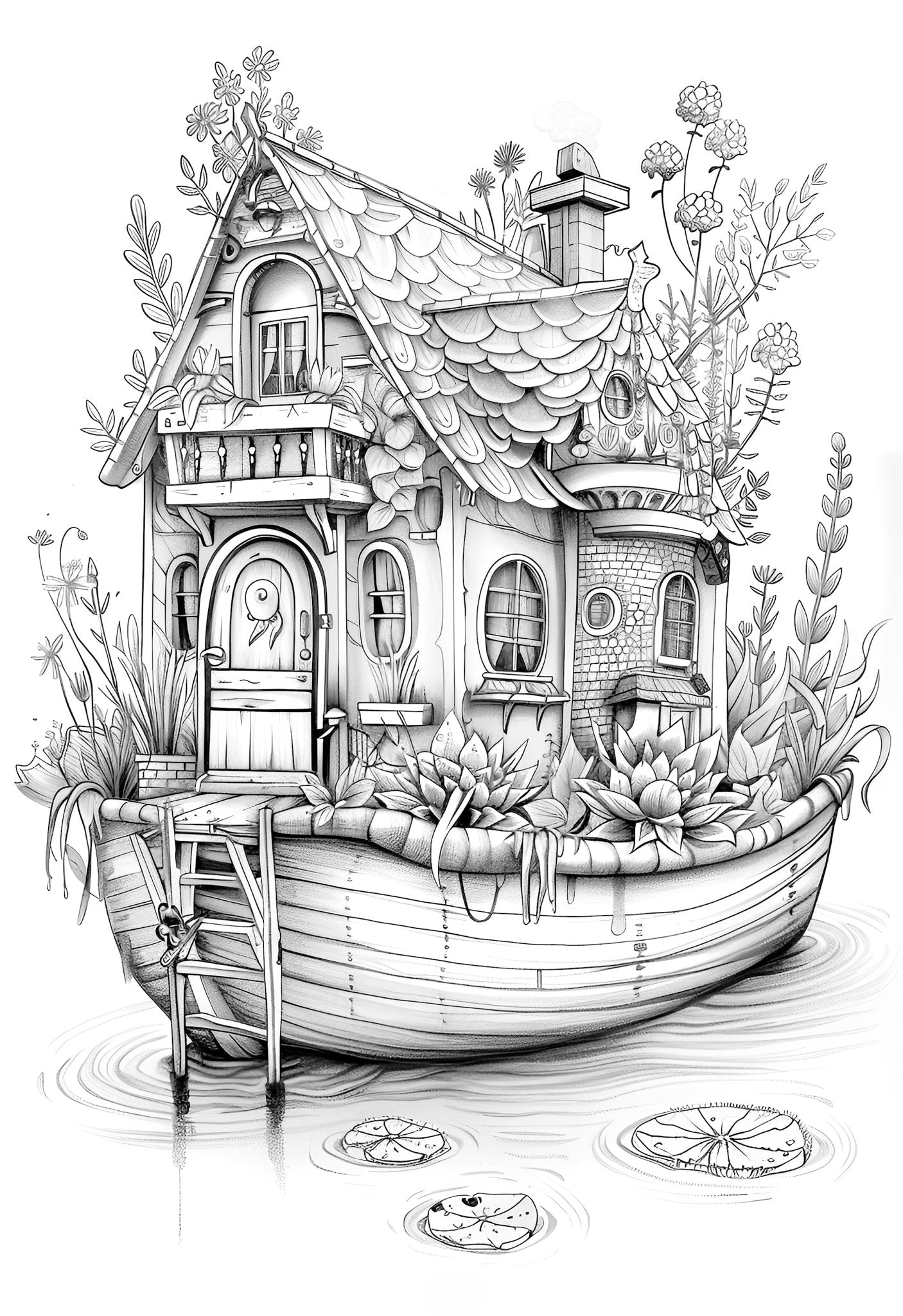 Feen Hausboote Malbuch Graustufen (Digital) - Monsoon Publishing