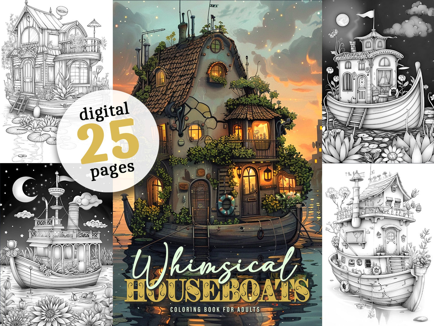 Feen Hausboote Malbuch Graustufen (Digital) - Monsoon Publishing