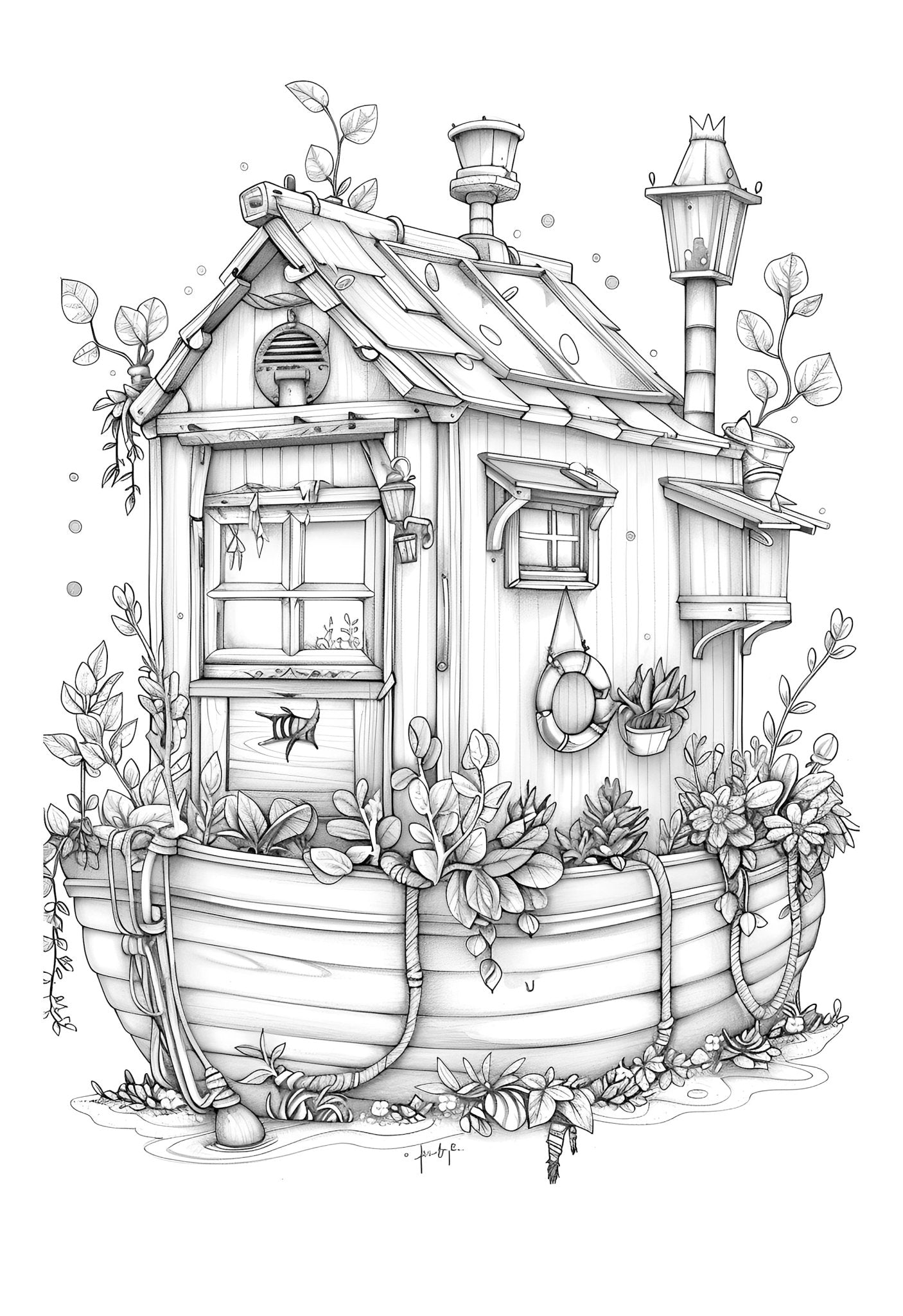 Feen Hausboote Malbuch Graustufen (Digital) - Monsoon Publishing
