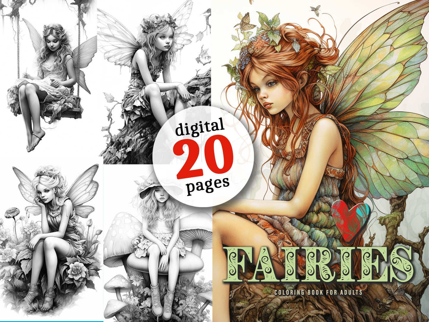 Feen Malbuch für Erwachsene Graustufen (Digital) - Monsoon Publishing
