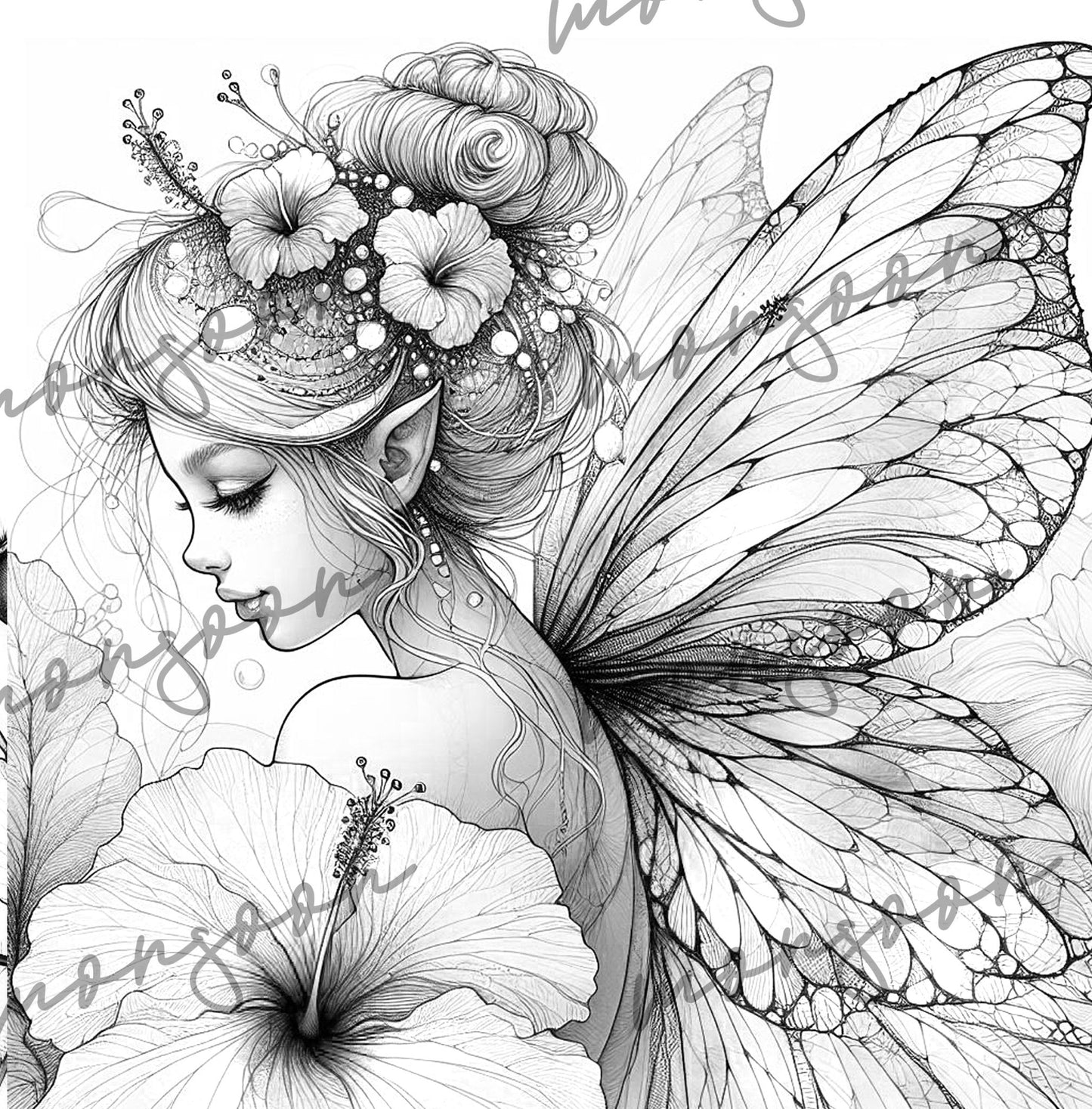 Feen und Blumen Malbuch Graustufen (Digital) - Monsoon Publishing