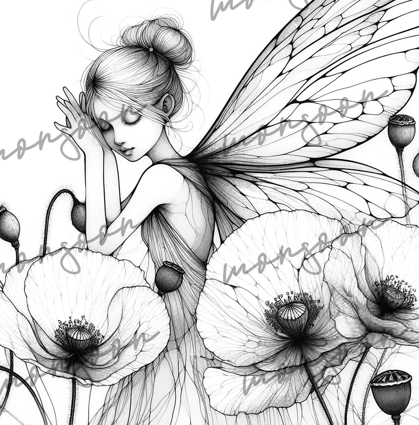 Feen und Blumen Malbuch Graustufen (Digital) - Monsoon Publishing
