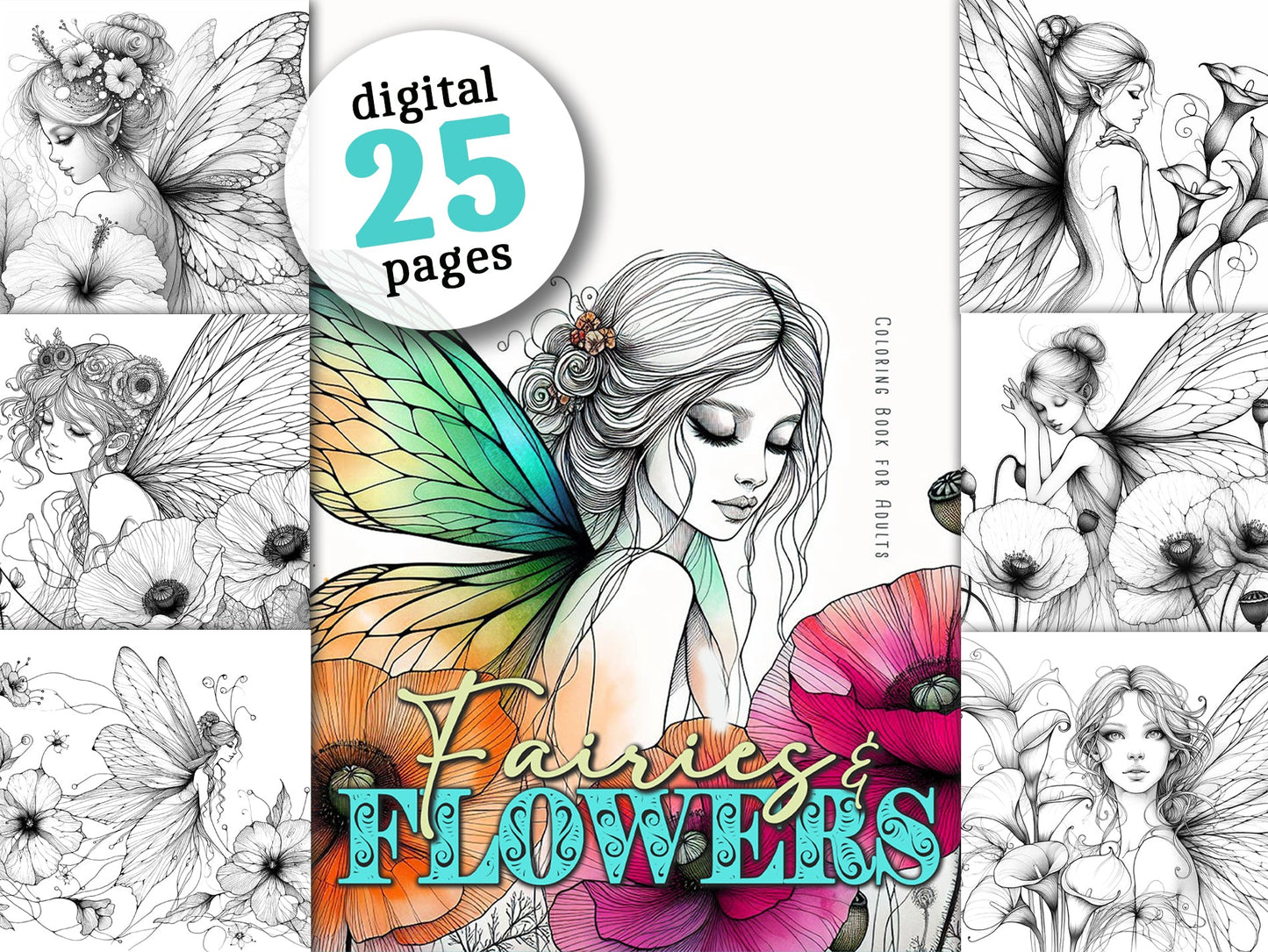 Feen und Blumen Malbuch Graustufen (Digital) - Monsoon Publishing