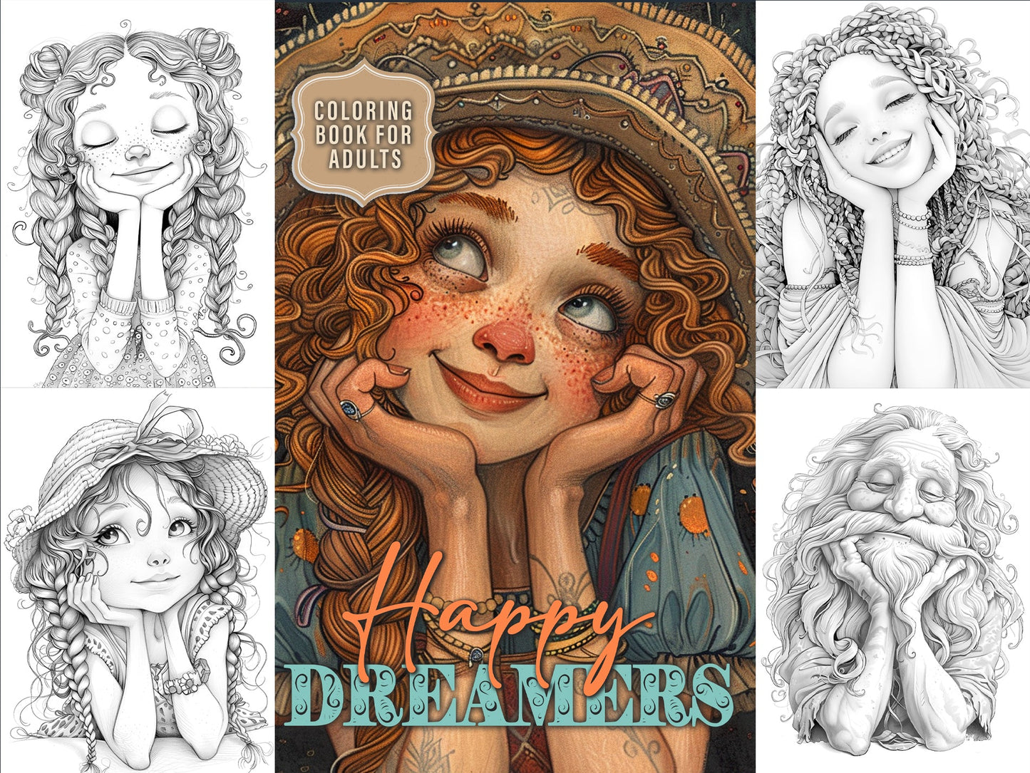 Happy Dreamer Portraits Malbuch Graustufen (Buchdruck) - Monsoon Publishing
