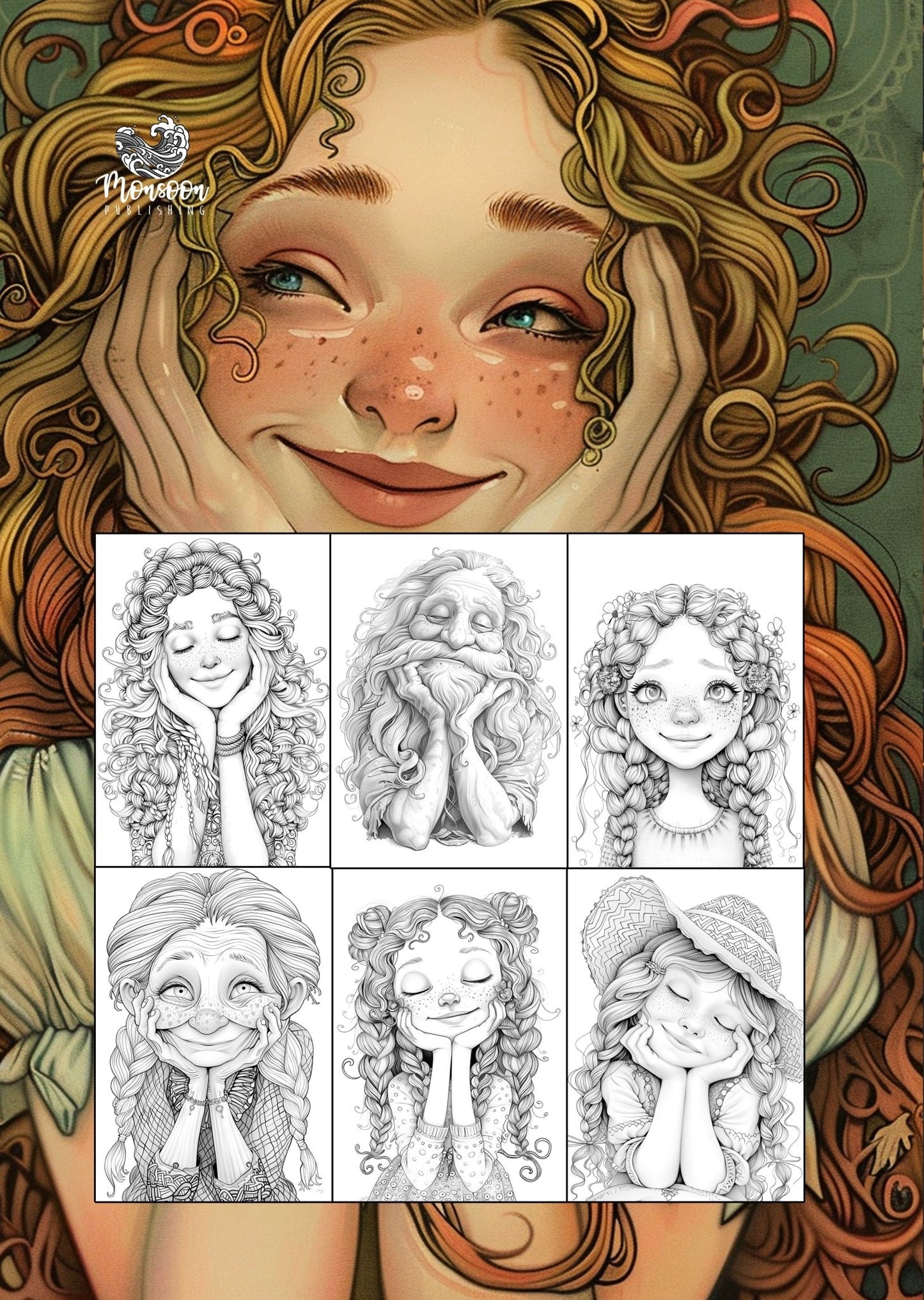 Happy Dreamer Portraits Malbuch Graustufen (Buchdruck) - Monsoon Publishing
