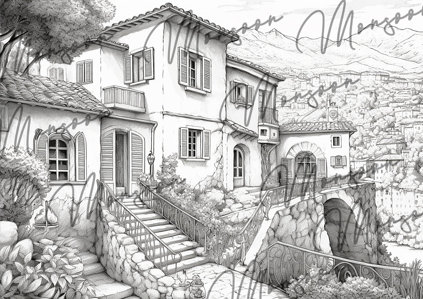 Italienische Villen Graustufen Malbuch (Digital) - Monsoon Publishing