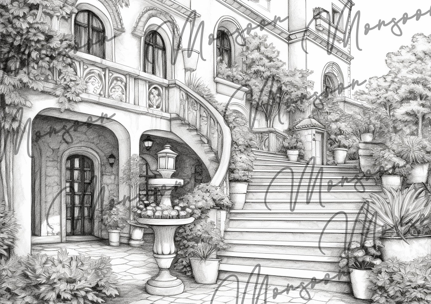 Italienische Villen Graustufen Malbuch (Digital) - Monsoon Publishing