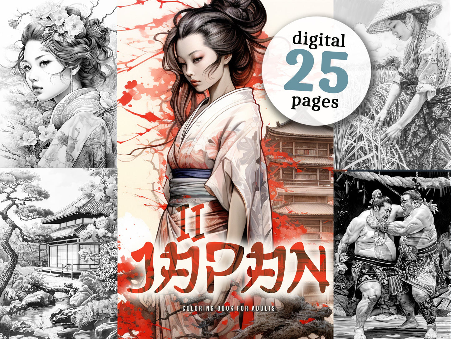 Japan Malbuch für Erwachsene Graustufen (Digital) - Monsoon Publishing