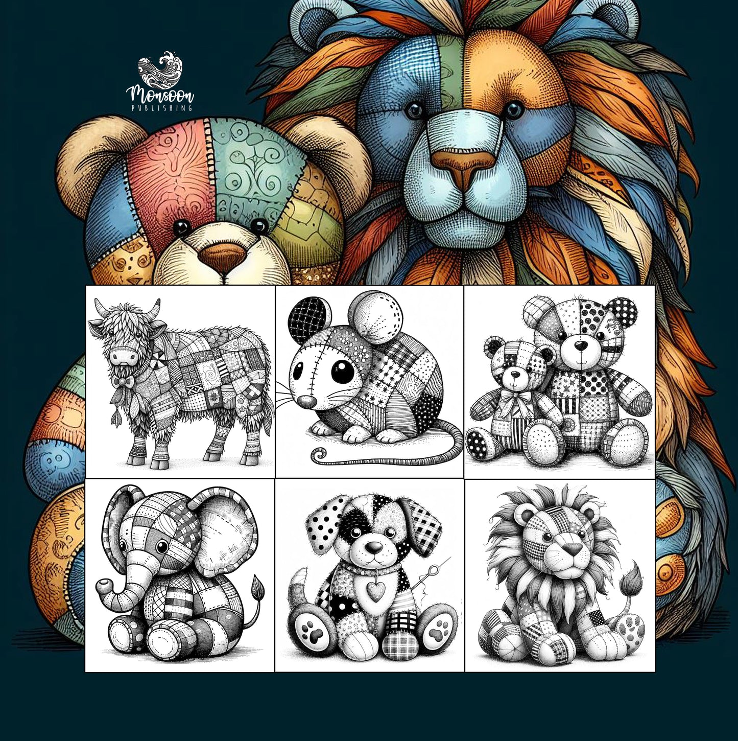 Patchwork Tiere Malbuch Graustufen (Digital)