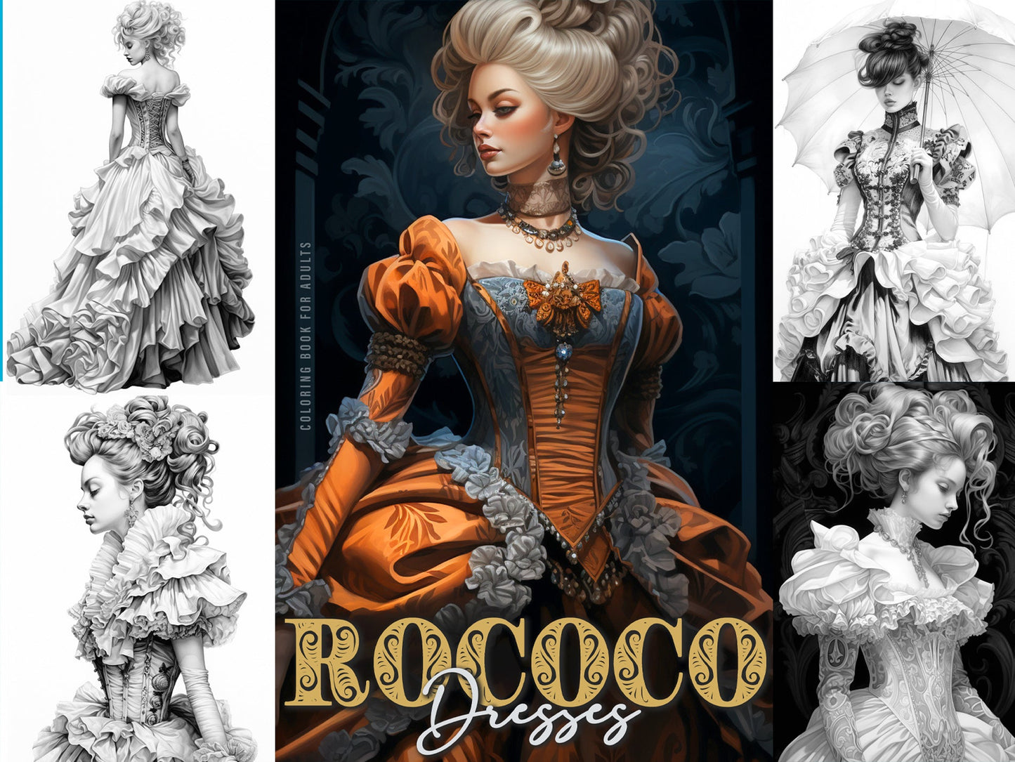 Rococo Kleider Malbuch Graustufen (Buchdruck) - Monsoon Publishing