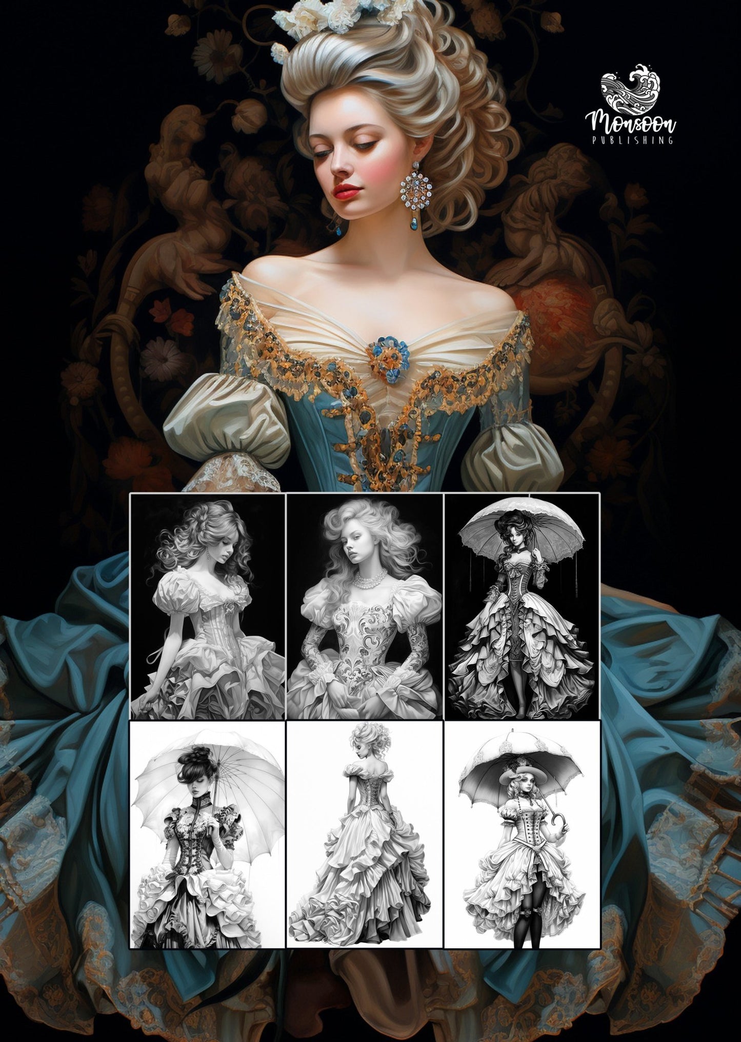 Rococo Kleider Malbuch Graustufen (Digital) - Monsoon Publishing
