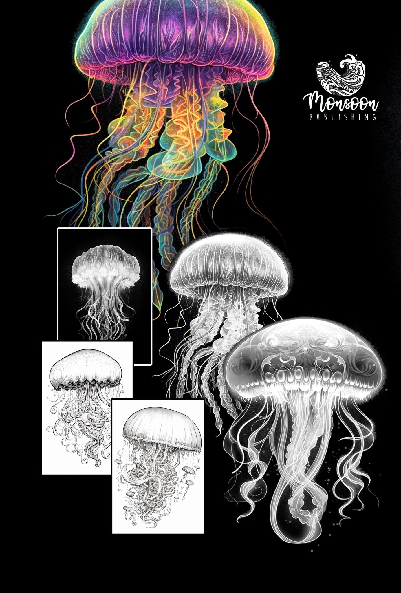Tiefsee Quallen Ozean Graustufen Malbuch (Digital) - Monsoon Publishing