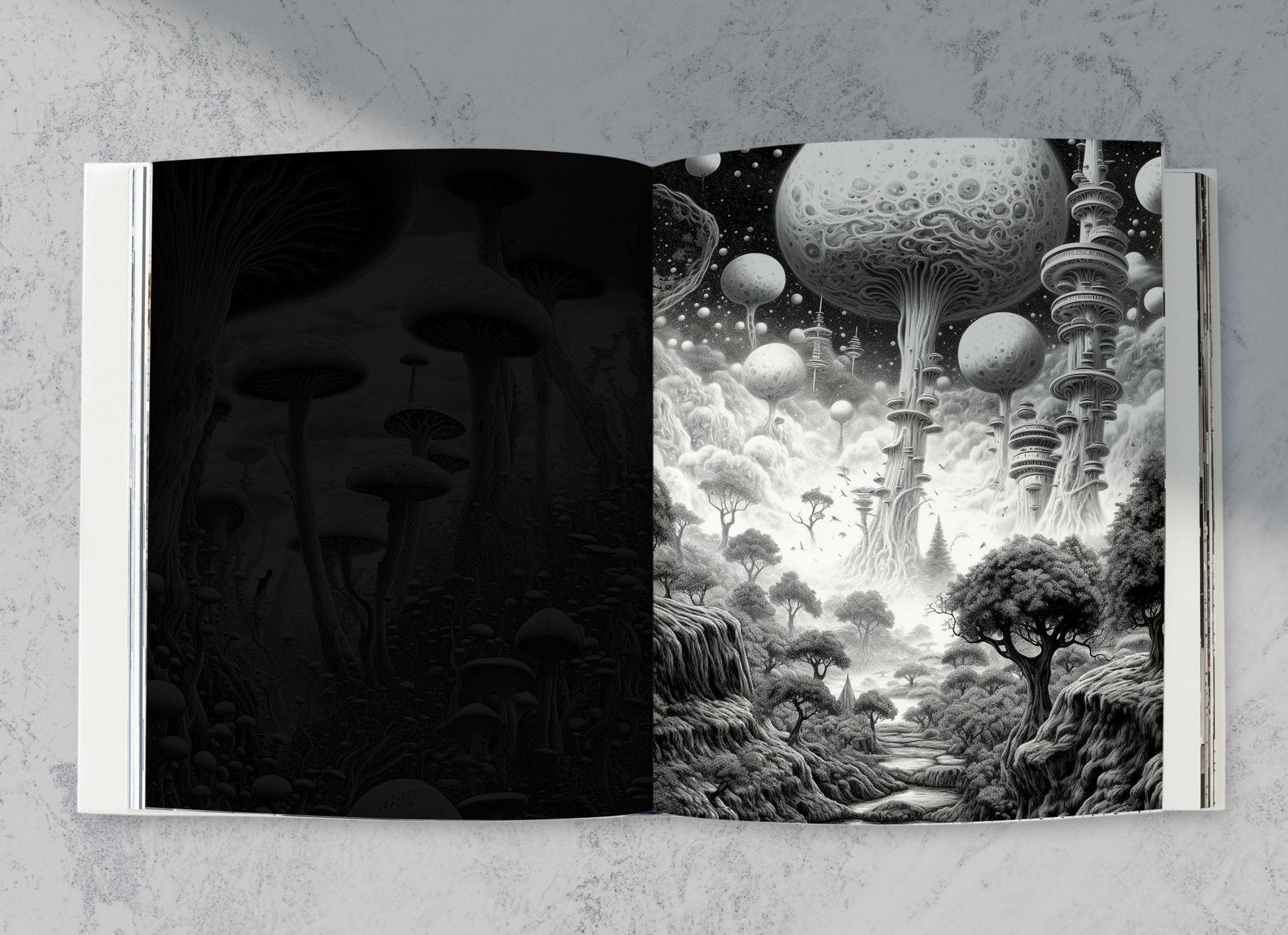 Alien Landschaften Malbuch Graustufen (Digital) - Monsoon Publishing