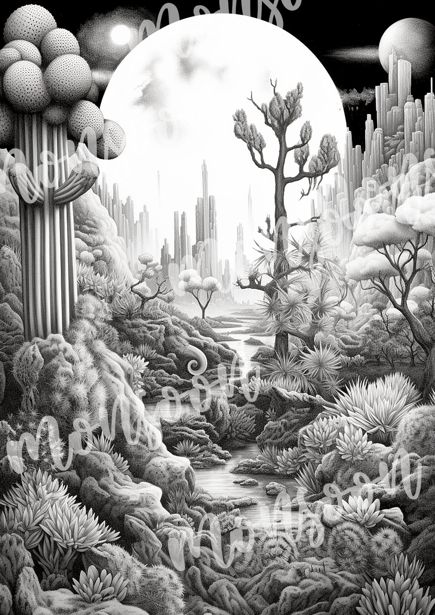 Alien Landschaften Malbuch Graustufen (Digital) - Monsoon Publishing