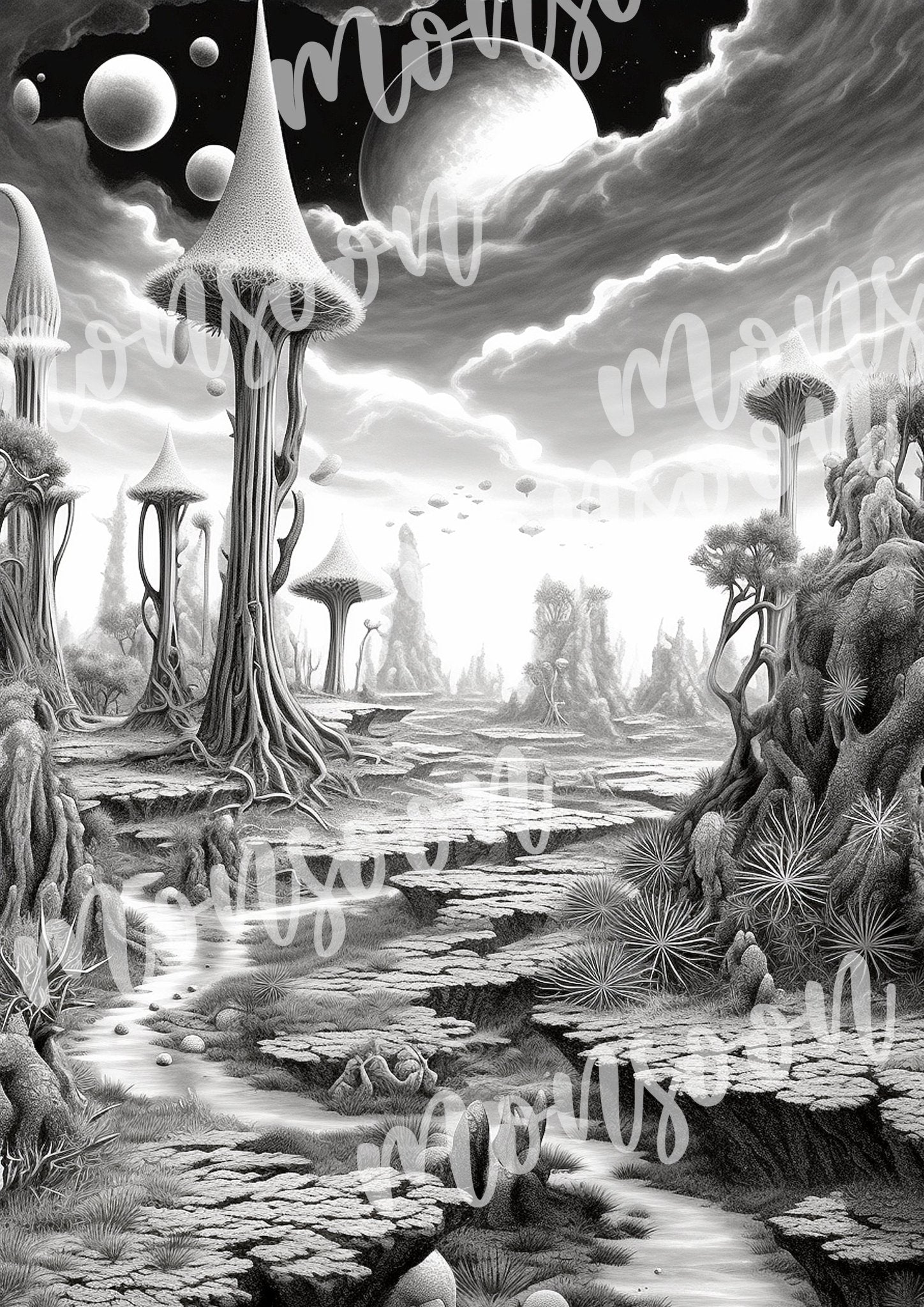 Alien Landschaften Malbuch Graustufen (Digital) - Monsoon Publishing