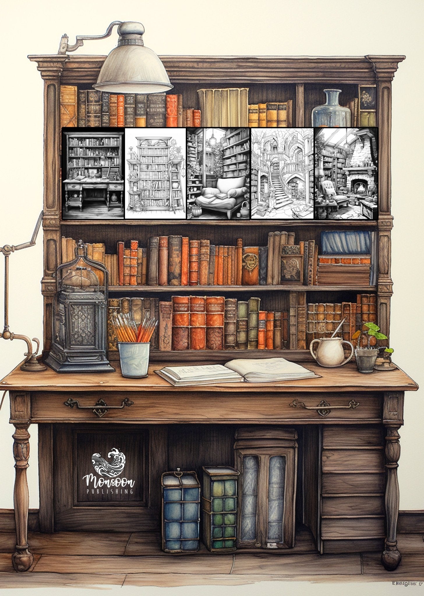 Bibliotheken Malbuch Graustufen (Digital) - Monsoon Publishing