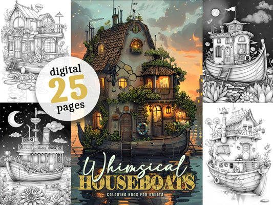 Feen Hausboote Malbuch Graustufen (Digital) - Monsoon Publishing