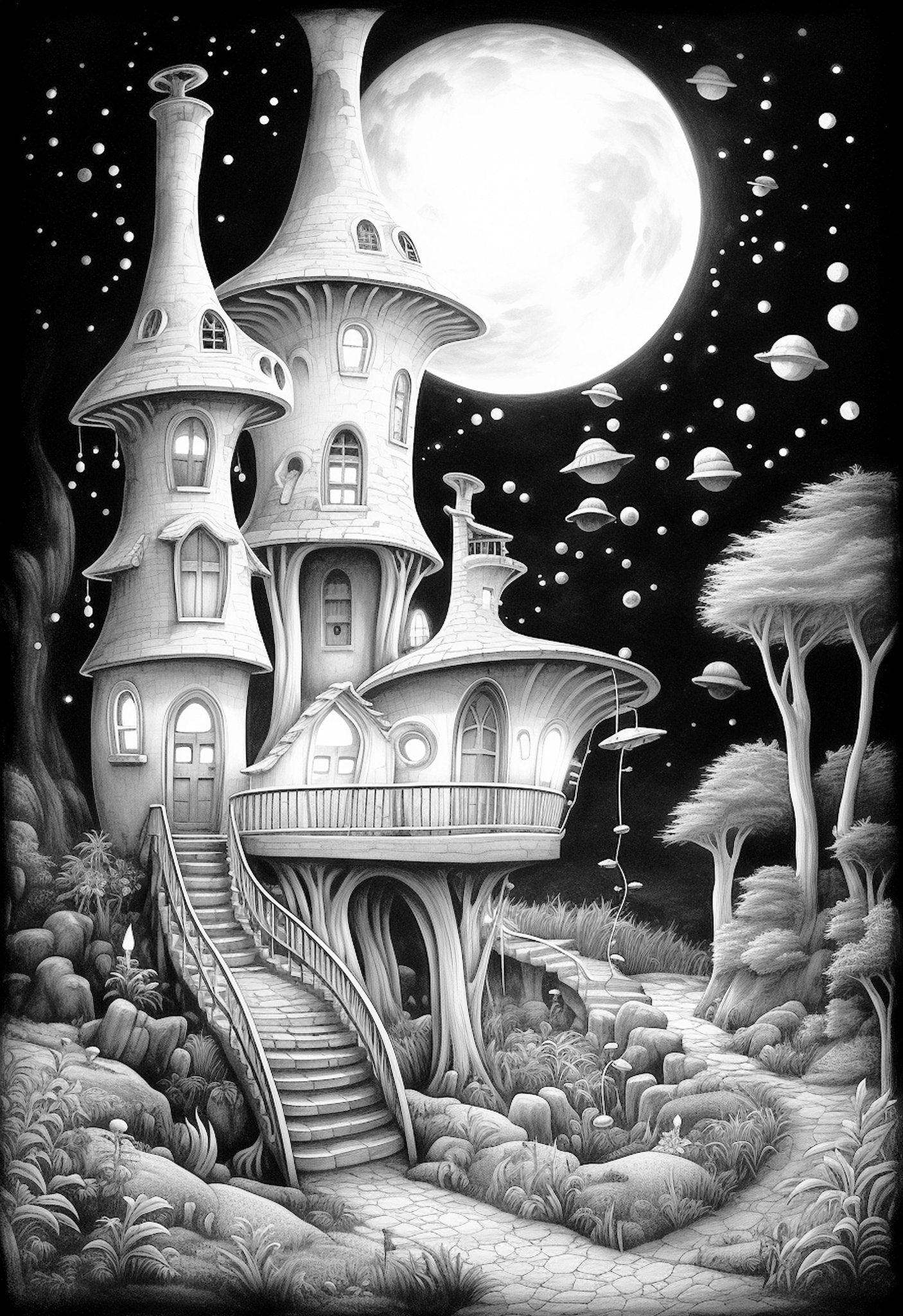 Feen Häuschen in der Nacht Malbuch (Buchdruck) - Monsoon Publishing