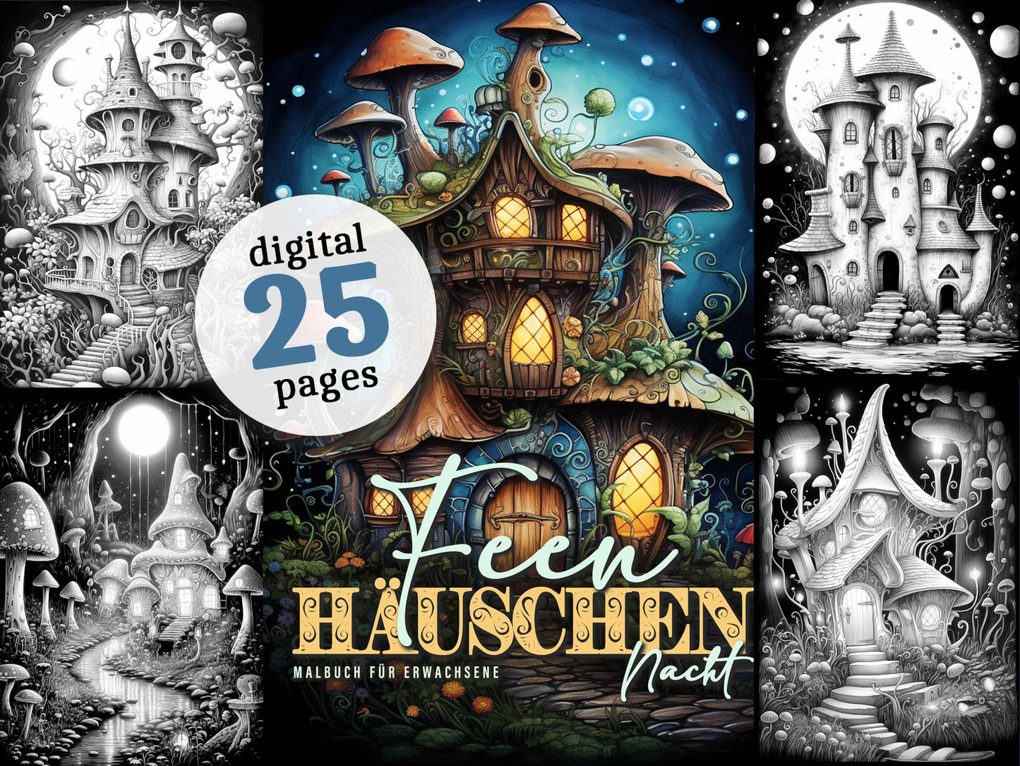 Feen Häuschen in der Nacht Malbuch (Digital) - Monsoon Publishing
