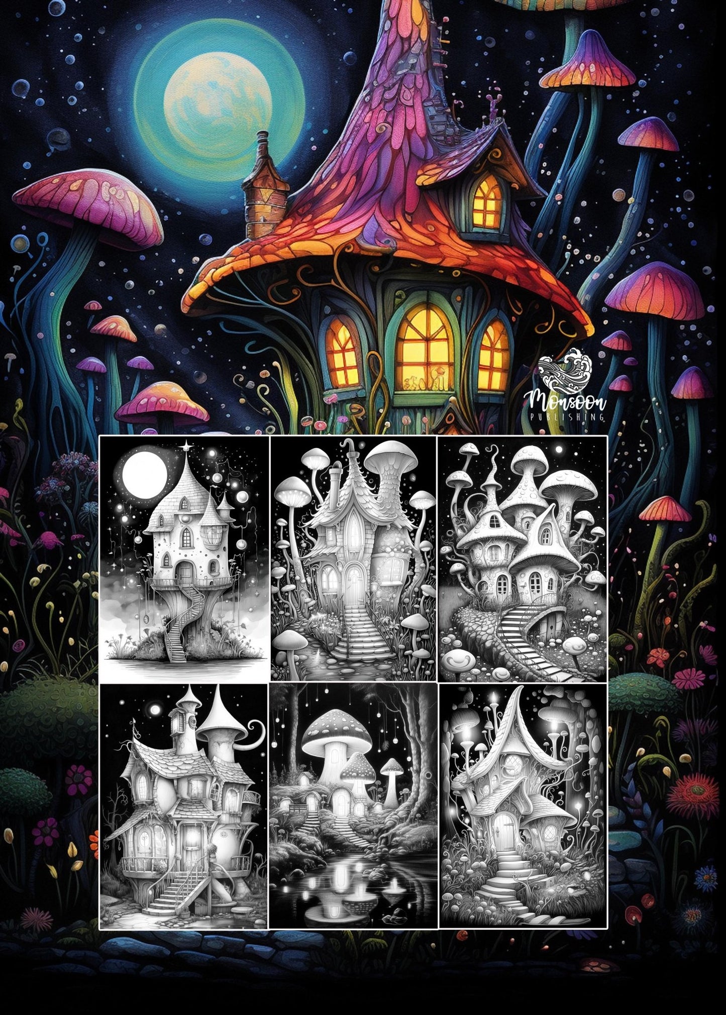 Feen Häuschen in der Nacht Malbuch (Digital) - Monsoon Publishing