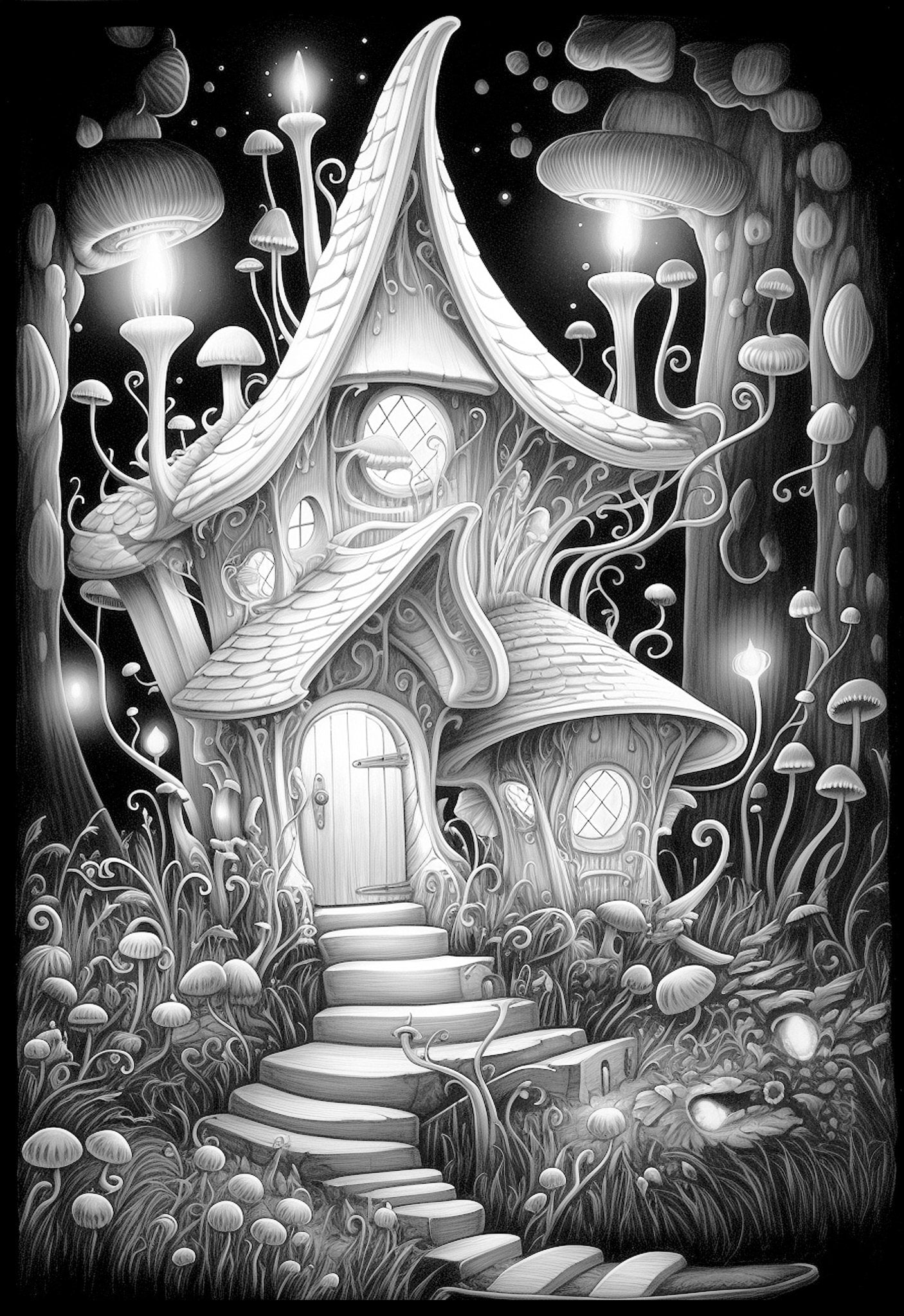 Feen Häuschen in der Nacht Malbuch (Digital) - Monsoon Publishing