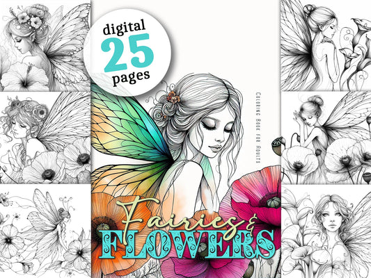 Feen und Blumen Malbuch Graustufen (Digital) - Monsoon Publishing