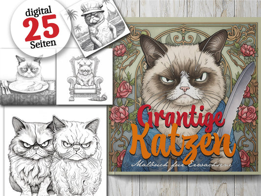 Grantige Katzen Malbuch Graustufen (Digital) - Monsoon Publishing