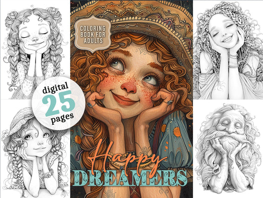 Happy Dreamer Portraits Malbuch Graustufen (Digital) - Monsoon Publishing
