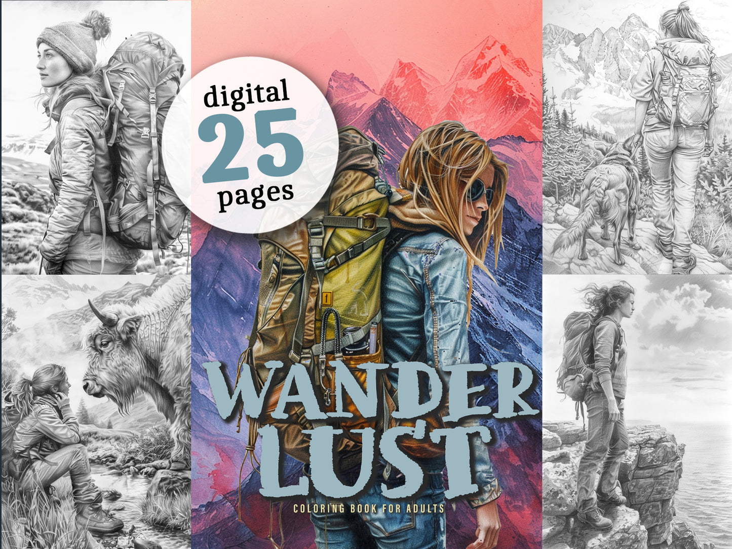 Wanderlust Malbuch Graustufen (Digital)