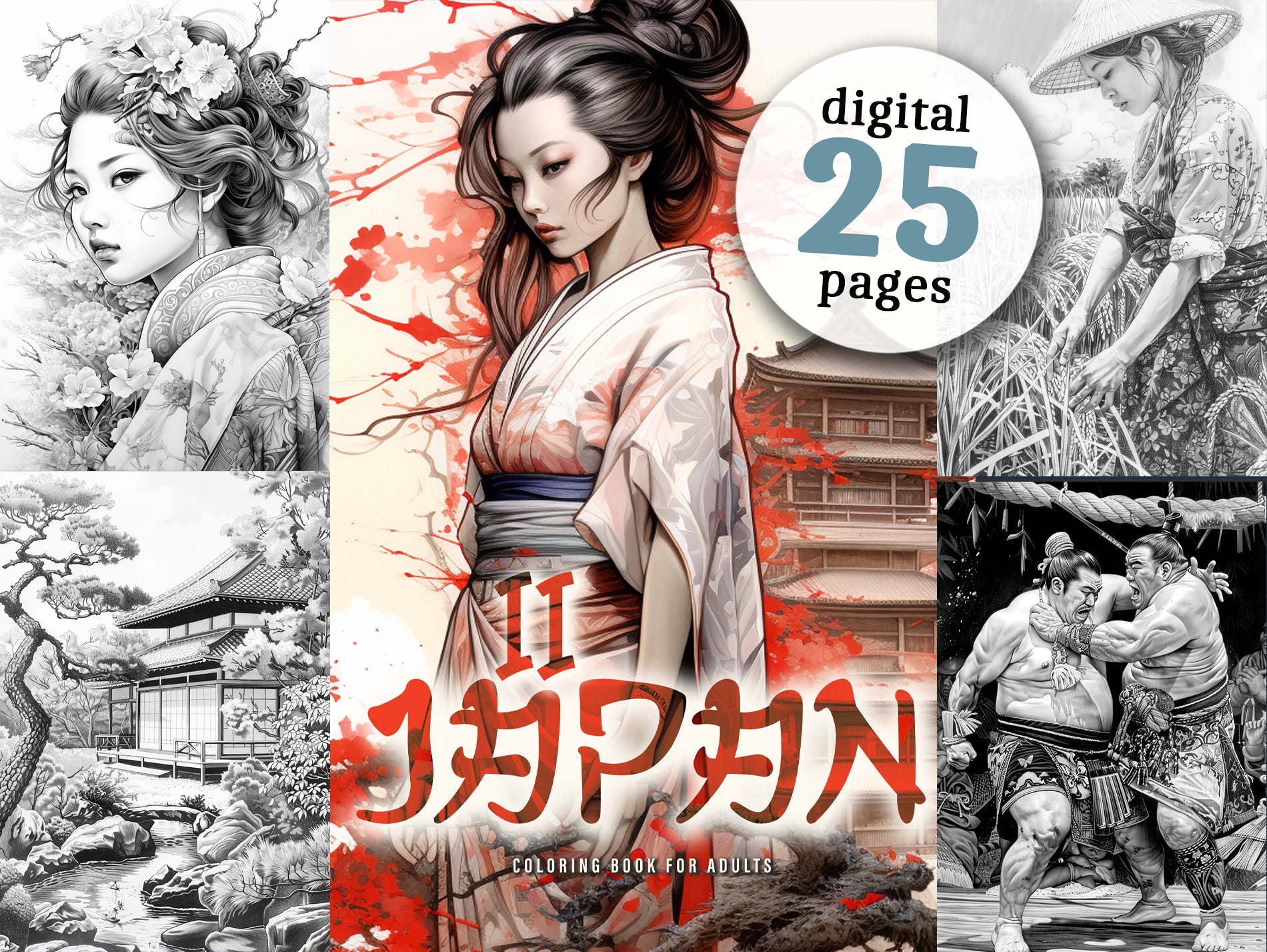 Japan Malbuch für Erwachsene Graustufen (Digital) - Monsoon Publishing