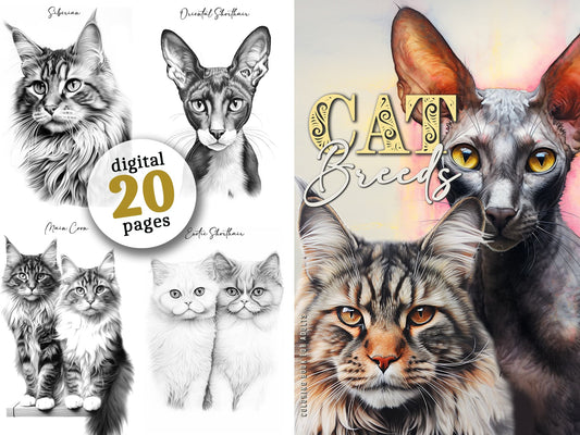 Katzenrassen Malbuch Graustufen (Digital)
