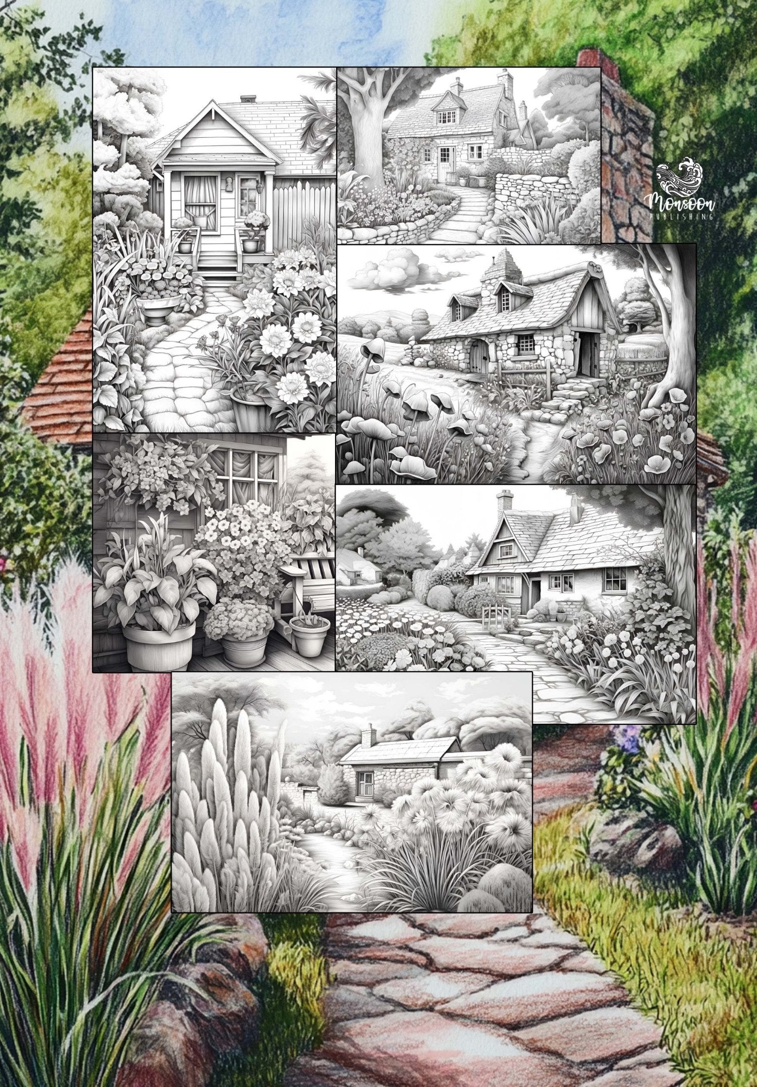 landhaus garten malbuch graustufen gärten malblock monsoon publishing